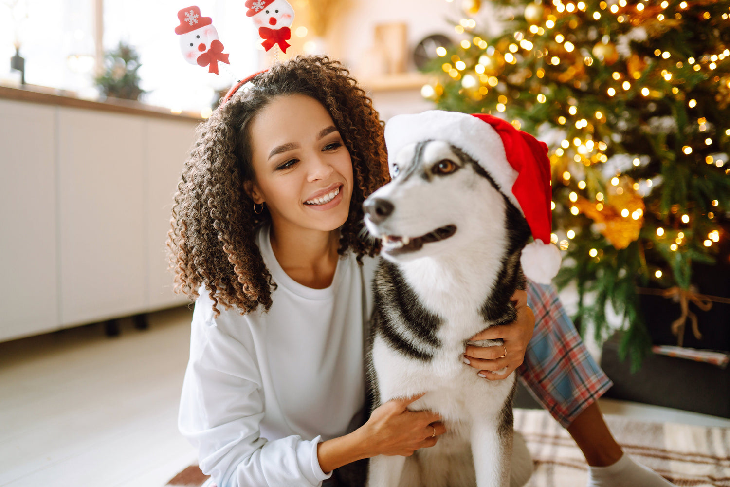 Beautiful woman playing and having fun with her dog while sitting near the christmas tree.