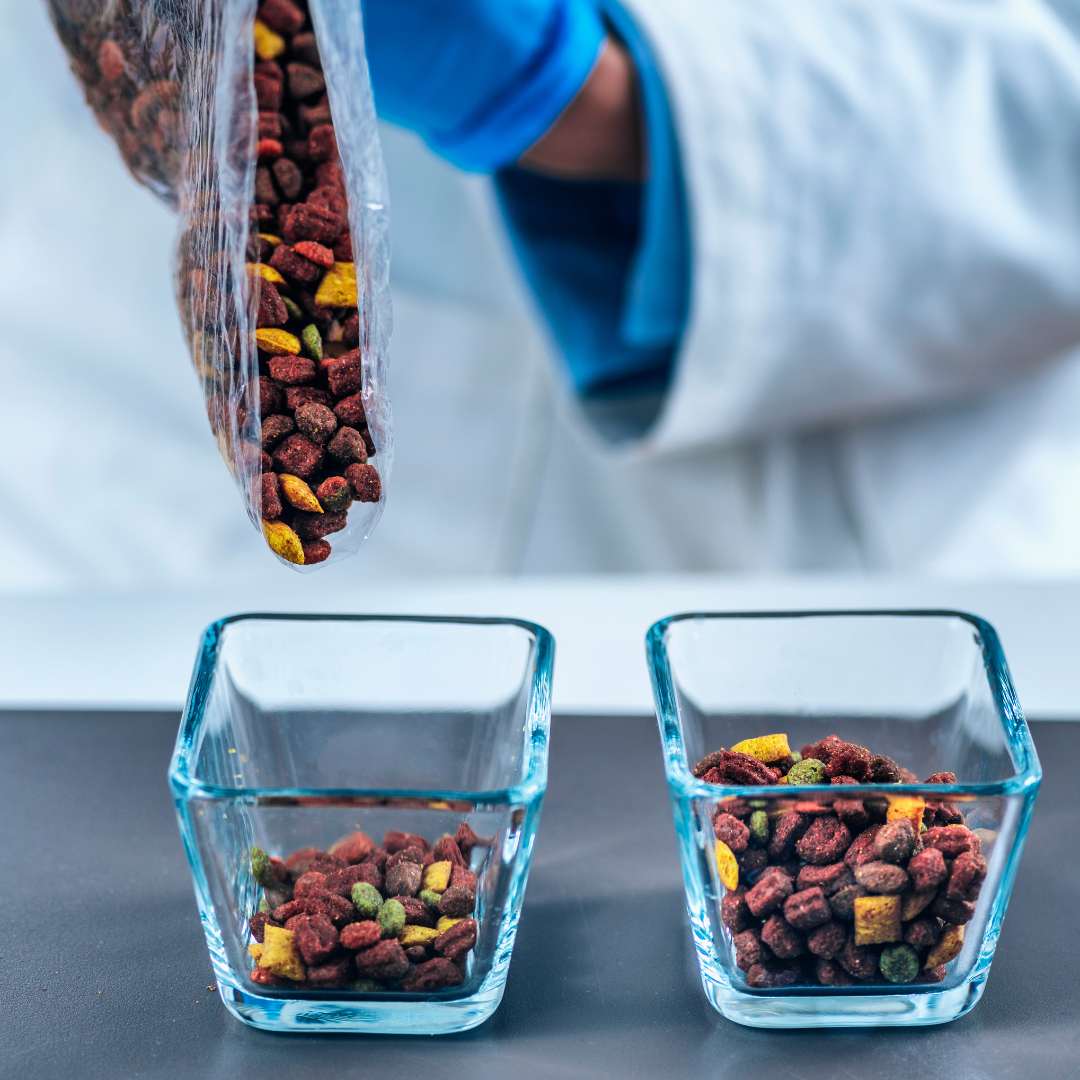 Laboratory comparison of dry dog food in glass containers, illustrating the difference between crude protein percentage and bioavailable amino acids.